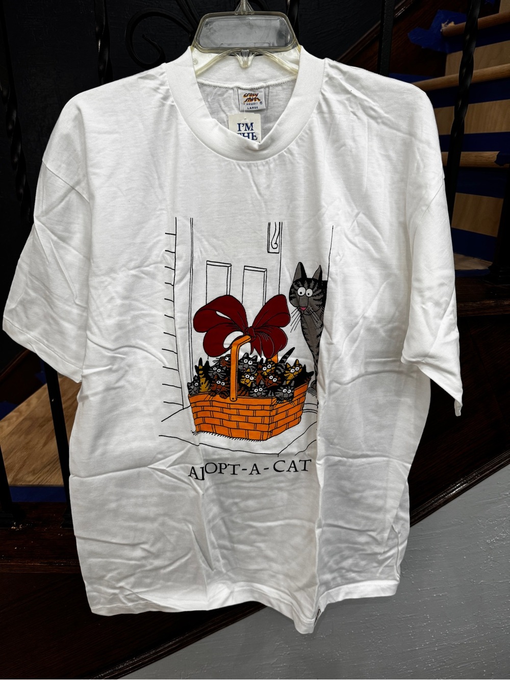 Adopt-A-Cat Graphic Tee - White with Red & Orange Basket Illustration